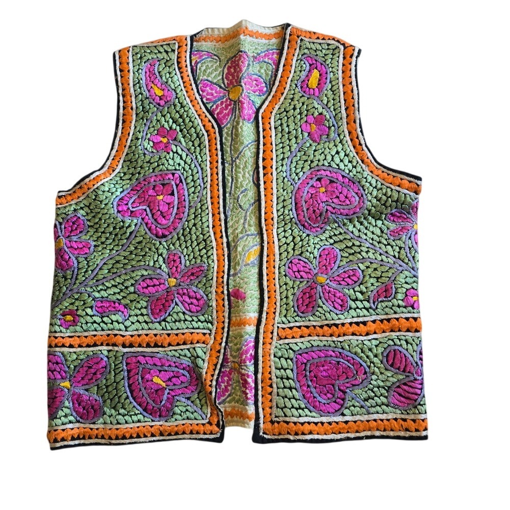 Vintage Hand Embroidered Floral Heart Phulkari Vest Green Pink Boho Sleeveless